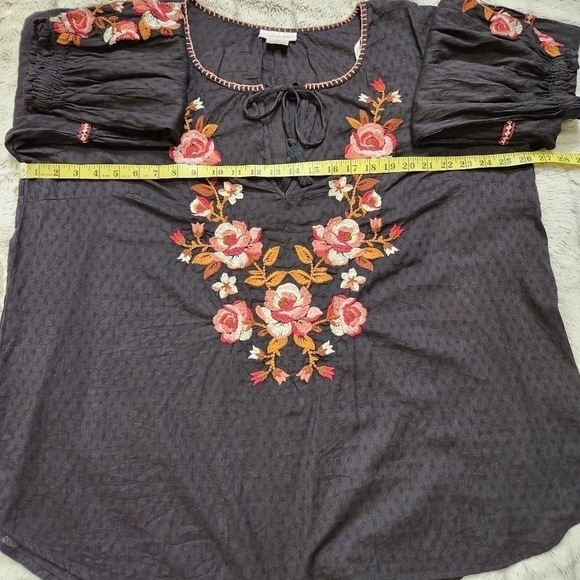 Size M-L Bohemian blouse Scoop neck embroidered 100% Cotton Long sleeves Black - Picture 8 of 10